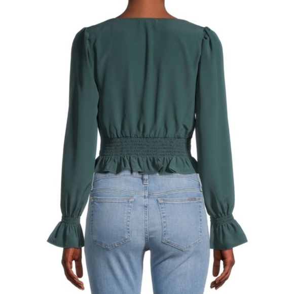 Socialite Long Sleeve Smocked Waist Peasant Tie Front Blouse Trekking Green S - Picture 4 of 6